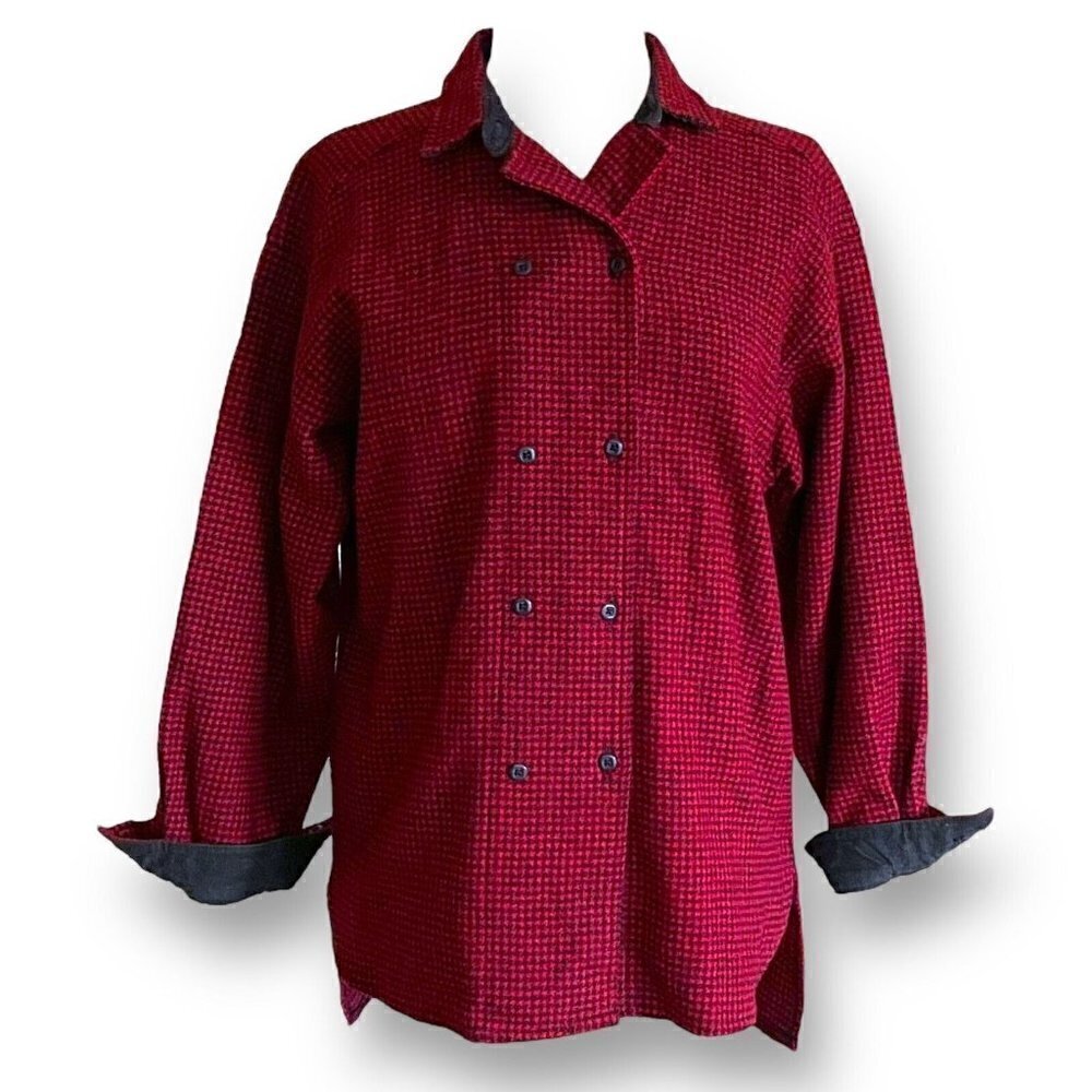 Woolrich Womens Vintage 1970s Top Sz 10 M Red Black Houndstooth Plaid Wool Shirt